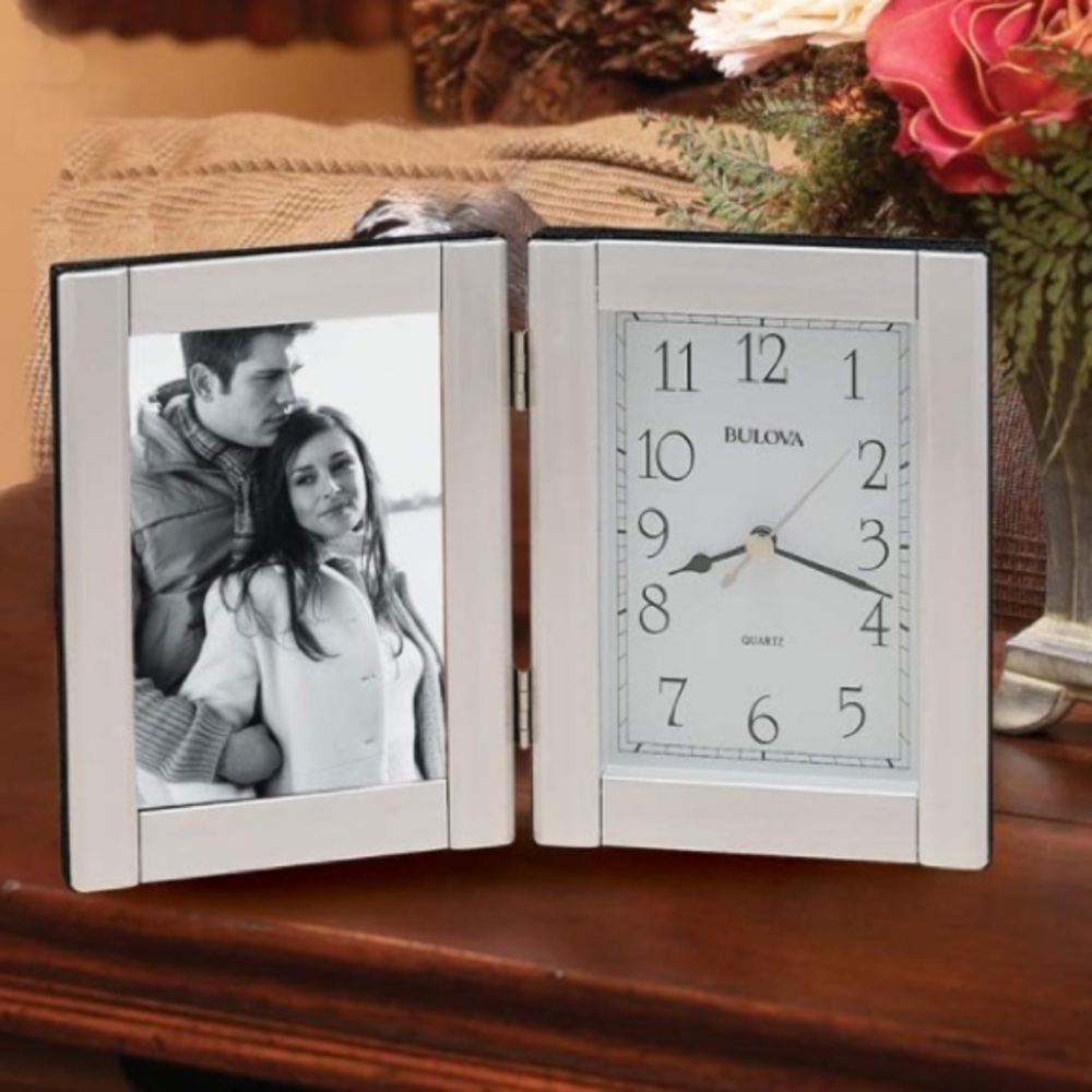 Bulova Hinged Brushed Aluminum Picture Frame Clock